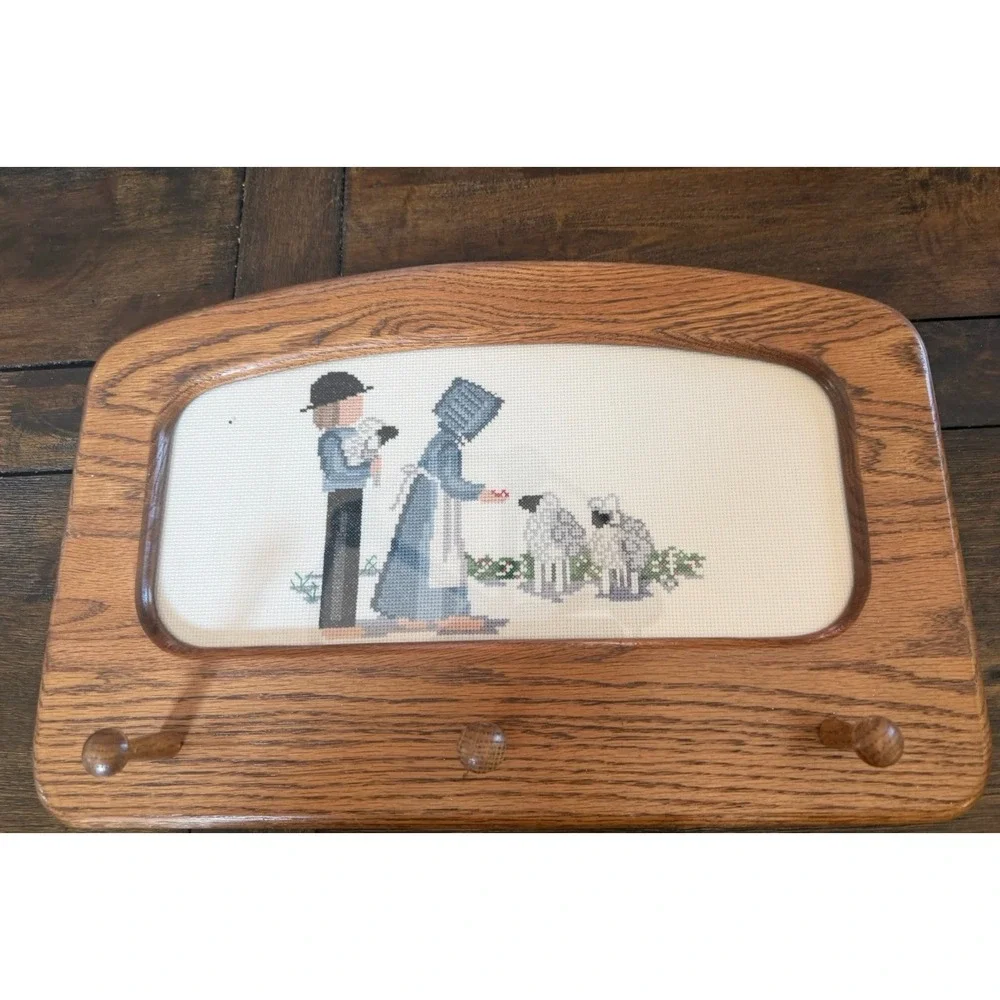 Vintage Oak Wood Wall Coat Rack Cross Stitch Amish Couple Sheep 3 Peg Folk Art